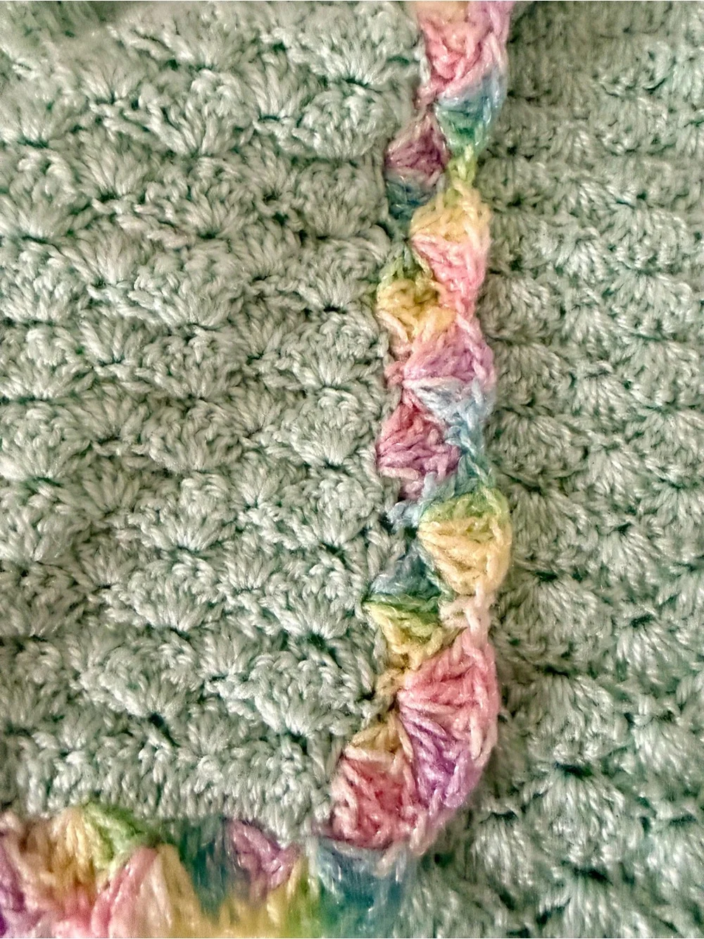 Handmade Crochet Blanket in Mint with Pastel Shell Border
